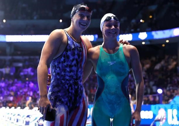 Katie Ledecky and Erin Gemmell of the United States react after competing in the Women’s 100m backstroke final Day Three of the 2021 U.S. Olympic...