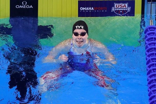 Lilly King of the United States wins the Women’s 100m breaststroke final during Day Three of the 2021 U.S. Olympic Team Swimming Trials at CHI Health...