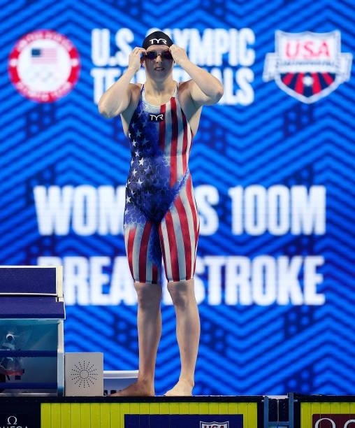 Lilly King of the United States competes in the Women’s 100m breaststroke final during Day Three of the 2021 U.S. Olympic Team Swimming Trials at CHI...