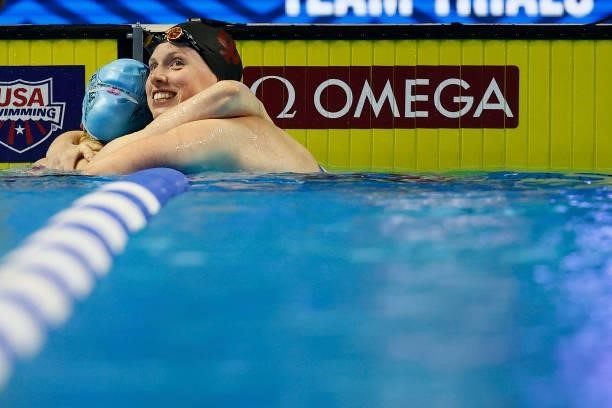 Lilly King and Lydia Jacoby of the United States react after competing in the Women’s 100m breaststroke final during Day Three of the 2021 U.S....