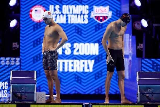 Nicolas Albiero and Gunner Bentz of the United States prepare to compete in the Women’s 100m breaststroke final during Day Three of the 2021 U.S....