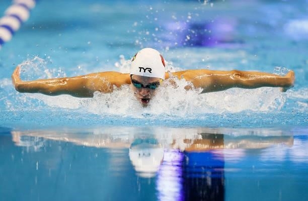 Nicolas Albiero of the United States competes in the men’s 200m butterfly final during Day Three of the 2021 U.S. Olympic Team Swimming Trials at CHI...