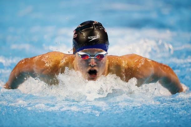 Trenton Julianof the United States competes in the men’s 200m butterfly final during Day Three of the 2021 U.S. Olympic Team Swimming Trials at CHI...