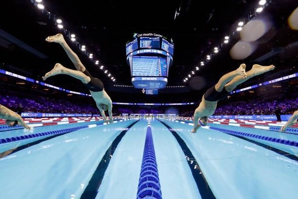 Zach Apple and Kieran Smith of the United States compete in the Men's 200m freestyle final during Day Three of the 2021 U.S. Olympic Team Swimming...