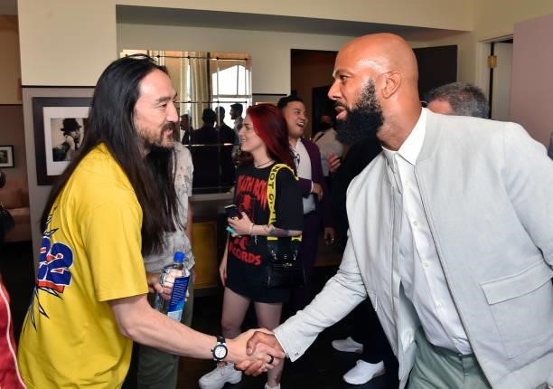 Steve Aoki and Common attend the Coin Cloud Cocktail Party, hosted by artist and actor Common, at Sunset Tower Hotel on June 15, 2021 in Los Angeles,...