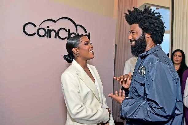 Ryan Destiny and Coin Cloud CMO Amondo Redmond attend the Coin Cloud Cocktail Party, hosted by artist and actor Common, at Sunset Tower Hotel on June...