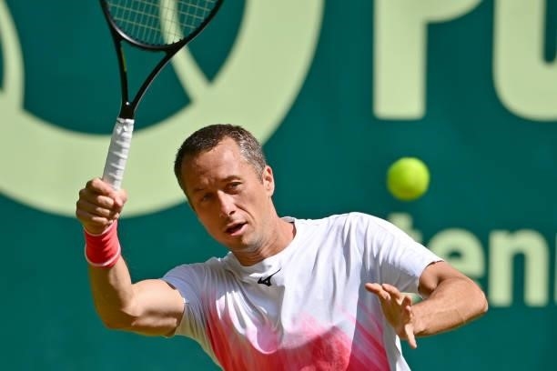 Philipp Kohlschreiber of Germany plays a forehand in his match against Corentin Moutet of France during day 5 of the Noventi Open at OWL-Arena on...