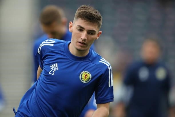 Billy Gilmour of Scotland is seen warming up during the UEFA Euro 2020 Championship Group D match between Scotland v Czech Republic Hampden Park on...