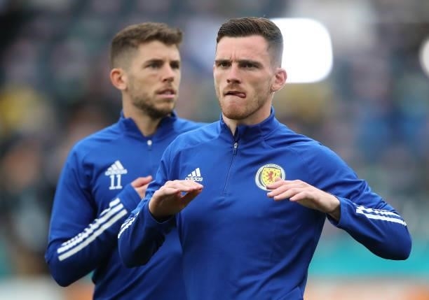 Andy Robertson of Scotland is seen warming up during the UEFA Euro 2020 Championship Group D match between Scotland v Czech Republic Hampden Park on...