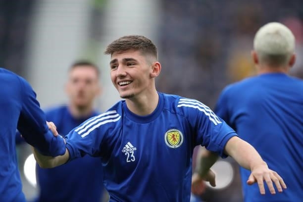 Billy Gilmour of Scotland is seen warming up during the UEFA Euro 2020 Championship Group D match between Scotland v Czech Republic Hampden Park on...