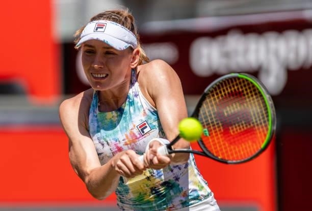 Ekaterina Alexandrova of Russia hits a backhand against Elina Svitolina of Ukraine in the women's singles second round match during day 5 of the...