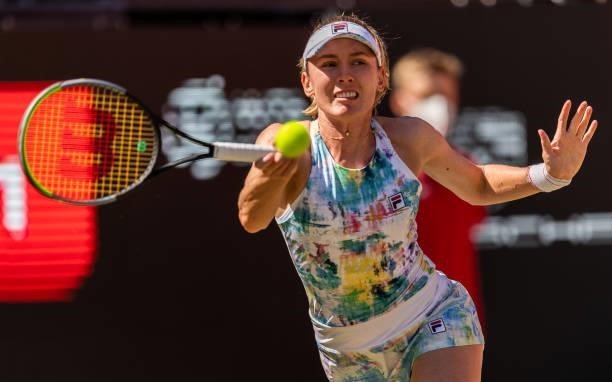 Ekaterina Alexandrova of Russia streches to play a forehand against Elina Svitolina of Ukraine in the women's singles second round match during day 5...