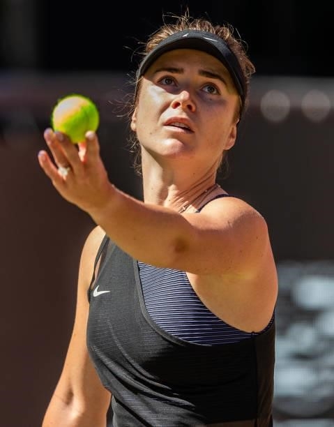 Elina Svitolina of Ukraine serves against Ekaterina Alexandrova of Russia in the women's singles second round match during day 5 of the bett1open at...