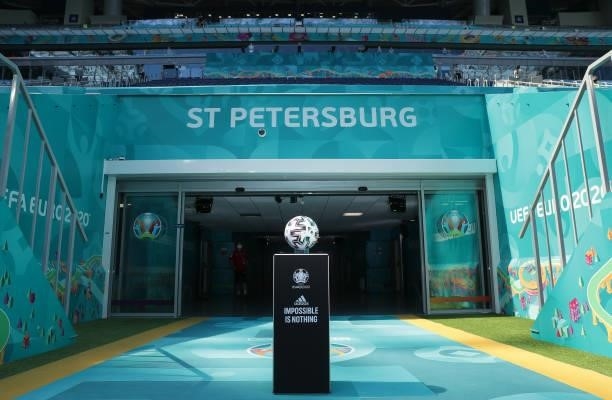 General view of the Adidas Uniforia match ball on a plinth prior to the UEFA Euro 2020 Championship Group B match between Finland and Russia at Saint...
