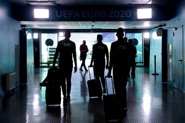 The Match Officials arrive at the stadium prior to the UEFA Euro 2020 Championship Group B match between Finland and Russia at Saint Petersburg...
