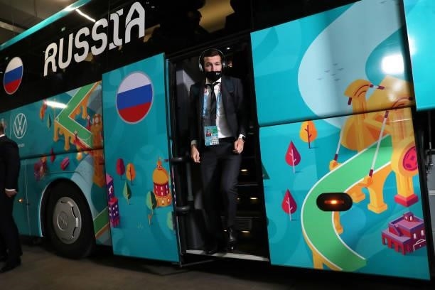 Denis Makarov of Russia arrives at the stadium prior to the UEFA Euro 2020 Championship Group B match between Finland and Russia at Saint Petersburg...
