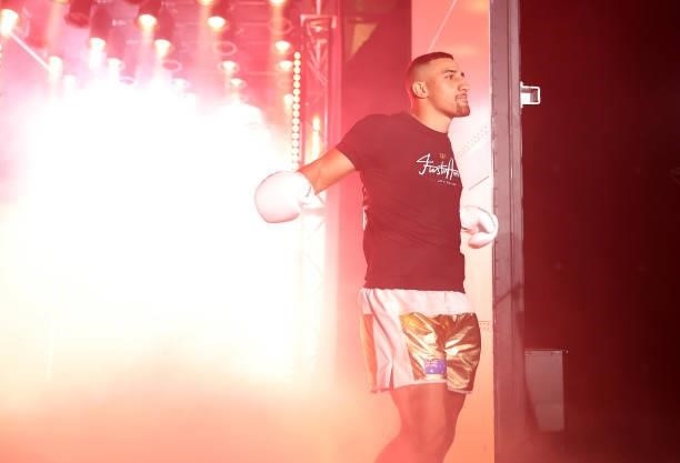Justis Huni makes his way to the ring during the heavyweight bout between Justis Huni and Paul Gallen at ICC Sydney on June 16, 2021 in Sydney,...