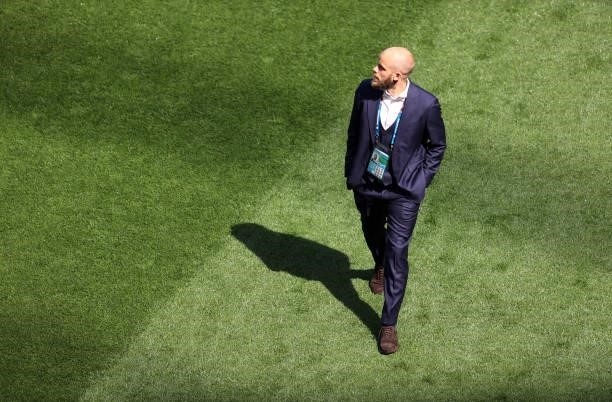 Teemu Pukki of Finland inspects the pitch as he arrives at the stadium prior to the UEFA Euro 2020 Championship Group B match between Finland and...