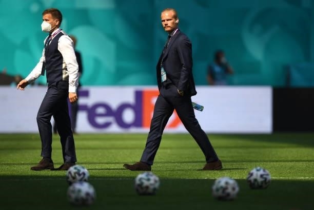 Joel Pohjanpalo of Finland inspects the pitch prior to the UEFA Euro 2020 Championship Group B match between Finland and Russia at Saint Petersburg...