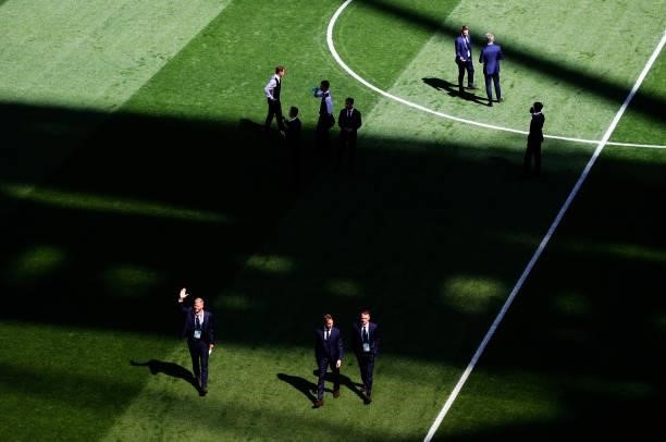Players of Finland inspect the pitch prior to the UEFA Euro 2020 Championship Group B match between Finland and Russia at Saint Petersburg Stadium on...