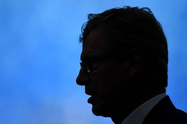 Silhouette of Markku Kanerva, Head Coach of Finland prior to the UEFA Euro 2020 Championship Group B match between Finland and Russia at Saint...