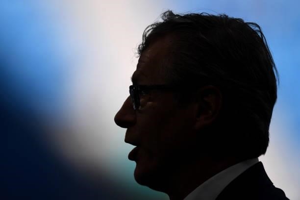 Silhouette of Markku Kanerva, Head Coach of Finland prior to the UEFA Euro 2020 Championship Group B match between Finland and Russia at Saint...