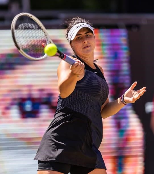 Bianca Andreescu of Canada hits a forehand against Alize Cornet of France in the women's singles second round match during day 5 of the bett1open at...