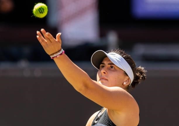 Bianca Andreescu of Canada serves against Alize Cornet of France in the women's singles second round match during day 5 of the bett1open at LTTC...
