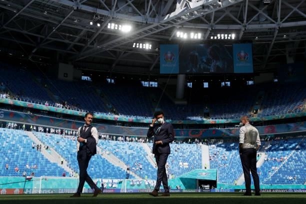 Players of Finland inspect the pitch prior to the UEFA Euro 2020 Championship Group B match between Finland and Russia at Saint Petersburg Stadium on...