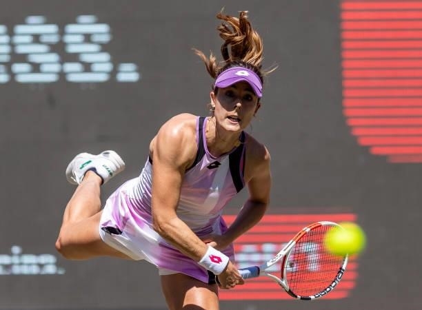 Alize Cornet of France serves against Bianca Andreescu of Canada in the women's singles second round match during day 5 of the bett1open at LTTC...