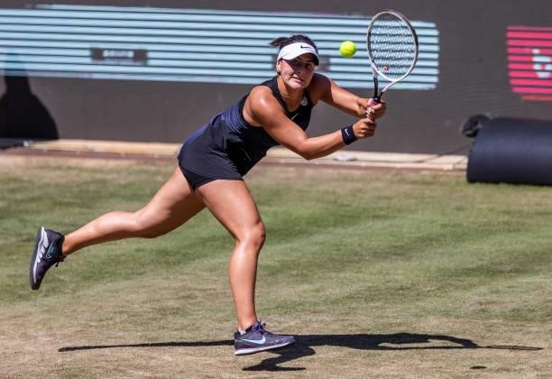 Bianca Andreescu of Canada streches to play a backhand against Alize Cornet of France in the women's singles second round match during day 5 of the...