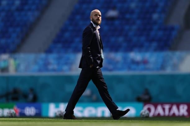 Teemu Pukki of Finland inspects the pitch prior to the UEFA Euro 2020 Championship Group B match between Finland and Russia at Saint Petersburg...