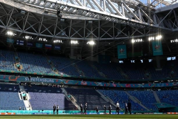 General view inside the stadium as players inspect the pitch prior to the UEFA Euro 2020 Championship Group B match between Finland and Russia at...