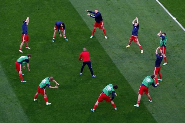 Players of Russia warm up prior to the UEFA Euro 2020 Championship Group B match between Finland and Russia at Saint Petersburg Stadium on June 16,...