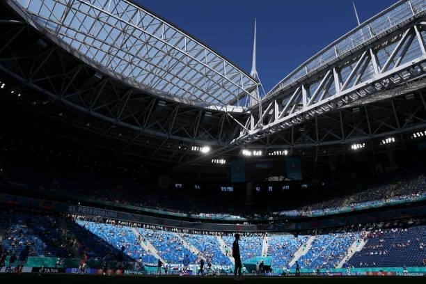 General view inside the stadium as both teams warm up prior to the UEFA Euro 2020 Championship Group B match between Finland and Russia at Saint...