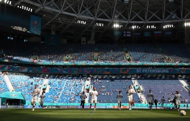 General view inside the stadium as players of Finland warm up prior to the UEFA Euro 2020 Championship Group B match between Finland and Russia at...