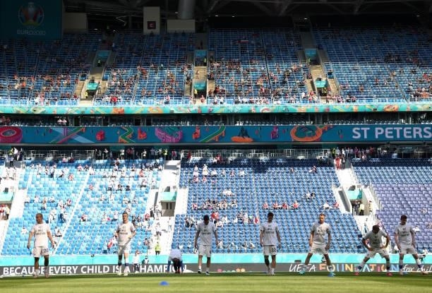 General view inside the stadium as players of Finland warm up prior to the UEFA Euro 2020 Championship Group B match between Finland and Russia at...