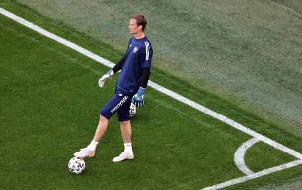 Anton Shunin of Russia warms up prior to the UEFA Euro 2020 Championship Group B match between Finland and Russia at Saint Petersburg Stadium on June...