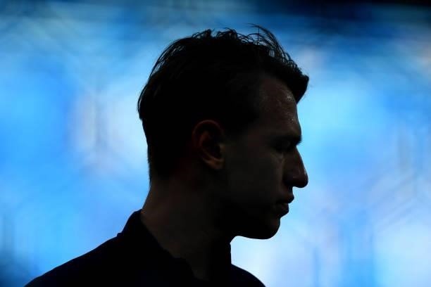 Silhouette of Matvei Safonov of Russia warms up prior to the UEFA Euro 2020 Championship Group B match between Finland and Russia at Saint Petersburg...