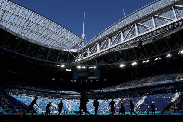General view inside the stadium as players of Russia warm up prior to the UEFA Euro 2020 Championship Group B match between Finland and Russia at...
