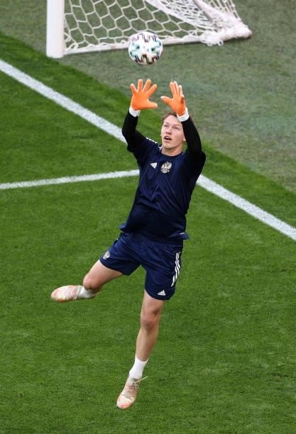Matvei Safonov of Russia warms up prior to the UEFA Euro 2020 Championship Group B match between Finland and Russia at Saint Petersburg Stadium on...