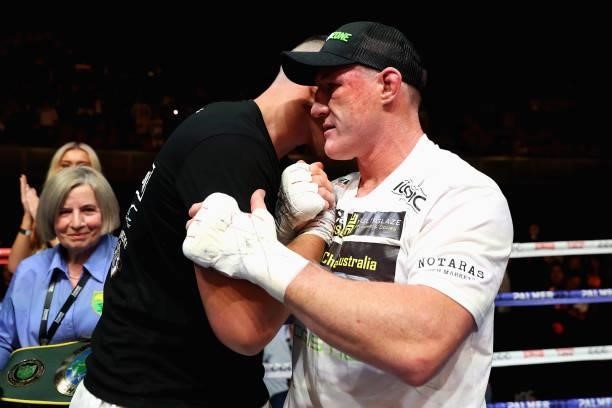 Justis Huni is embraced by Paul Gallen after winning their Australian heavyweight title fight at ICC Sydney on June 16, 2021 in Sydney, Australia.