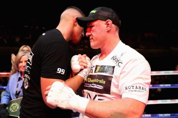 Justis Huni is embraced by Paul Gallen after winning their Australian heavyweight title fight at ICC Sydney on June 16, 2021 in Sydney, Australia.