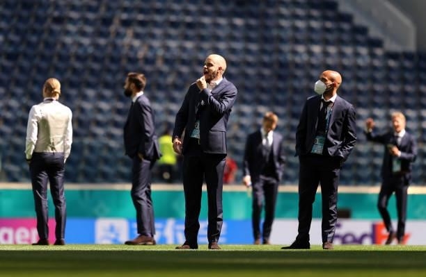 Teemu Pukki of Finland looks on as he inspects the pitch with team mates prior to the UEFA Euro 2020 Championship Group B match between Finland and...