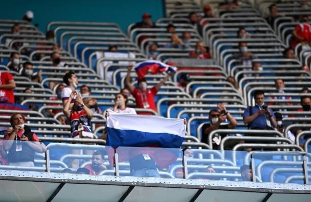 Fans of Russia show their support prior to the UEFA Euro 2020 Championship Group B match between Finland and Russia at Saint Petersburg Stadium on...
