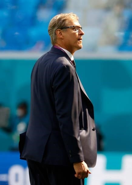 Markku Kanerva, Head Coach of Finland looks on prior to the UEFA Euro 2020 Championship Group B match between Finland and Russia at Saint Petersburg...