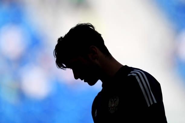 Silhouette of Aleksei Miranchuk of Russia during the warm up prior to the UEFA Euro 2020 Championship Group B match between Finland and Russia at...