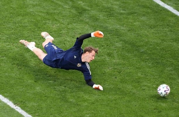 Matvei Safonov of Russia warms up prior to the UEFA Euro 2020 Championship Group B match between Finland and Russia at Saint Petersburg Stadium on...