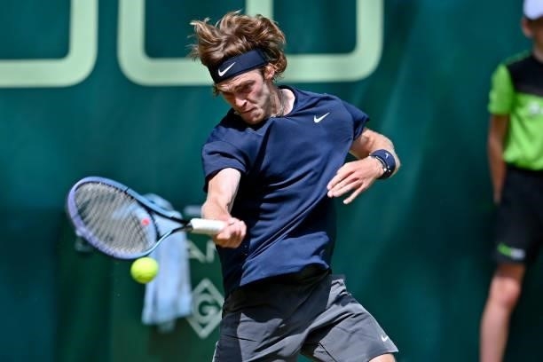 Andrey Rublev of Russia plays a forehand in his match against Jordan Thompson of Australia during day 5 of the Noventi Open at OWL-Arena on June 16,...