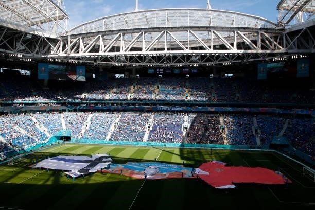 General view inside the stadium as large replica shirts of Finland and Russia are displayed on the pitch prior to the UEFA Euro 2020 Championship...
